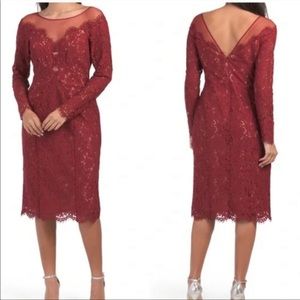 NWT RENE RUIZ Sz12 LONG SLEEVE ILLUSION DETAIL LACE SHEATH DRESS BURGUNDY